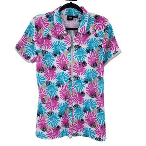N’VO Golf Top Womens L/XL Pink Blue  White Patterned Athletic Short Sleeve